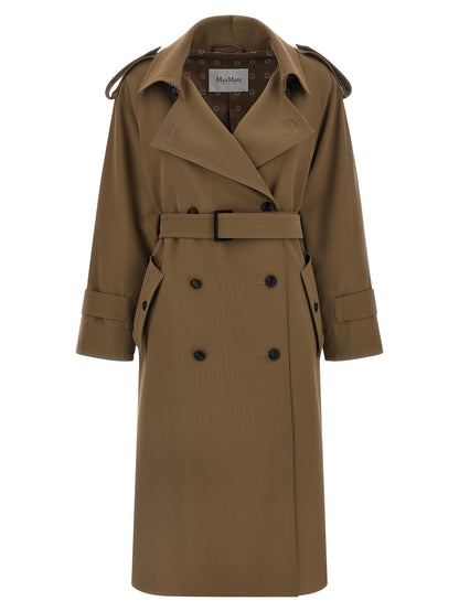 Trench Coat by Max Mara for women in virgin wool brown features an dramatic silhouette, perfectly showcasing the elegant split shirt-collar neckline and sophisticated water-resistant for a truly dramatic aesthetic.