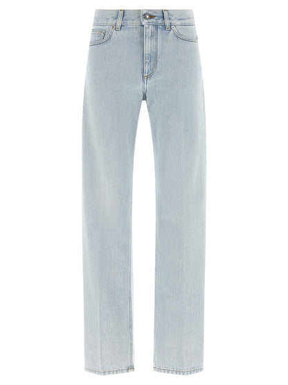 Jeans by Givenchy for women in denim cotton & suede leather light-blue & signature presents a tailored silhouette, showcasing a tailored straight-leg and long cut with a refined for a truly tailored aesthetic.