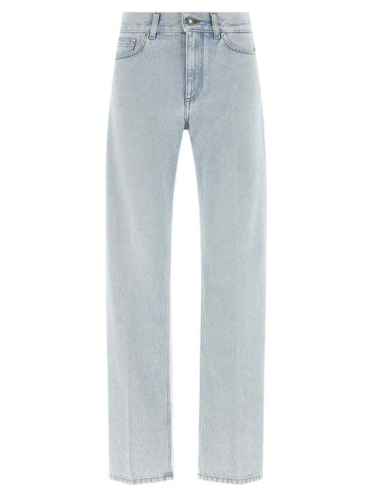 Jeans by Givenchy for women in denim cotton & suede leather light-blue & signature presents a tailored silhouette, showcasing a tailored straight-leg and long cut with a refined for a truly tailored aesthetic.
