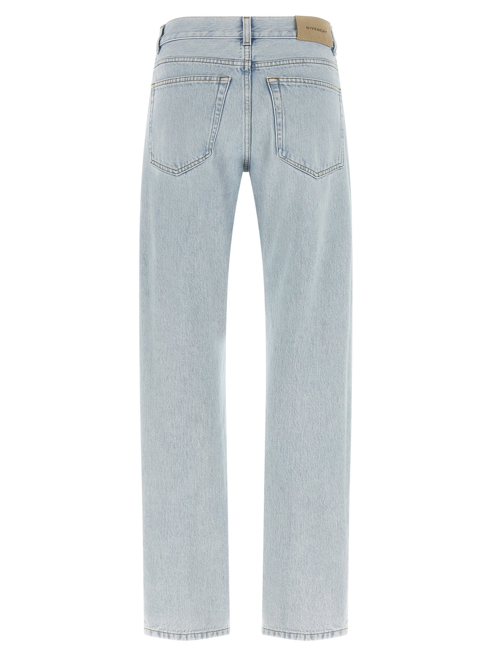 Jeans by Givenchy for women in denim cotton & suede leather light-blue & signature features an sartorial straight-leg and long with a cut for a sartorial finish.