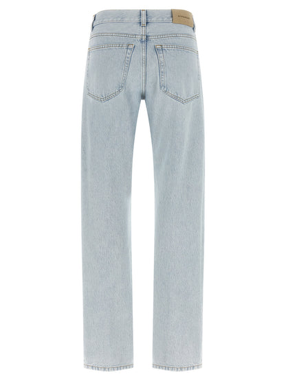 Jeans by Givenchy for women in denim cotton & suede leather light-blue & signature features an sartorial straight-leg and long with a cut for a sartorial finish.