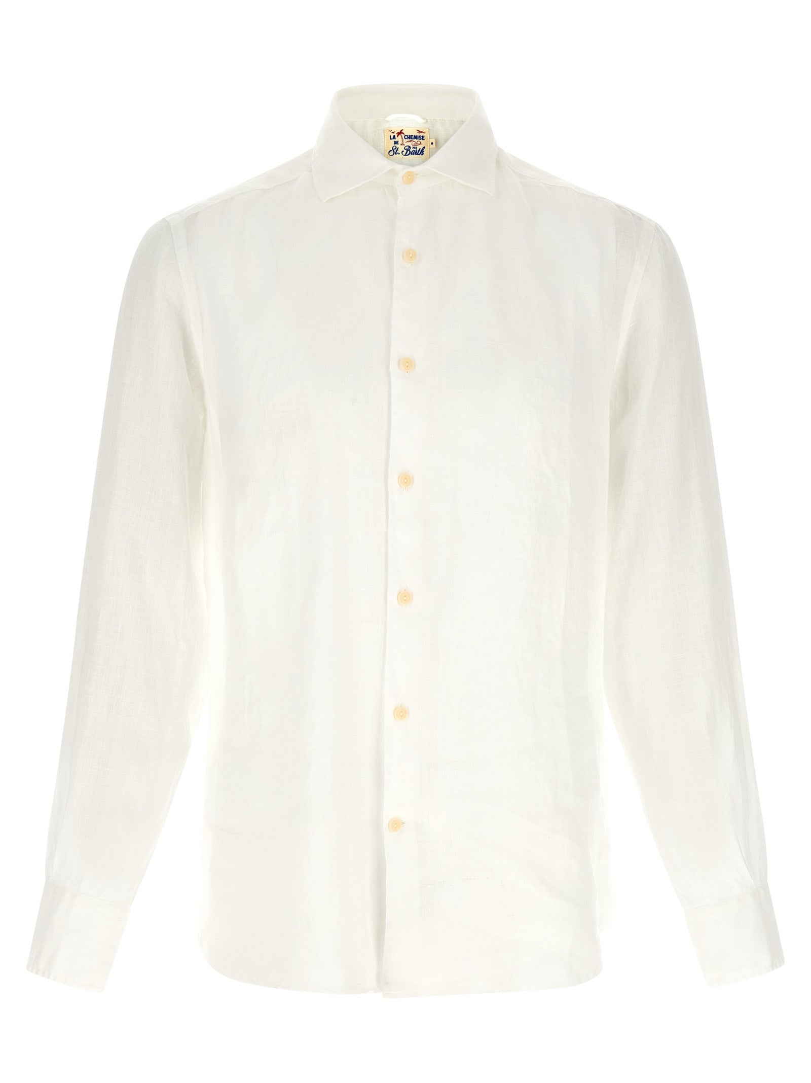 Shirt by MC2 Saint Barth for men in linen white showcases a sublime silhouette, artfully detailed with a sublime and long-sleeve for a sophisticated, sublime finish.