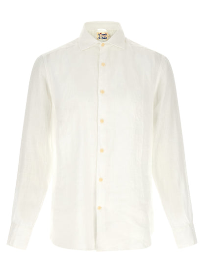 Shirt by MC2 Saint Barth for men in linen white showcases a sublime silhouette, artfully detailed with a sublime and long-sleeve for a sophisticated, sublime finish.