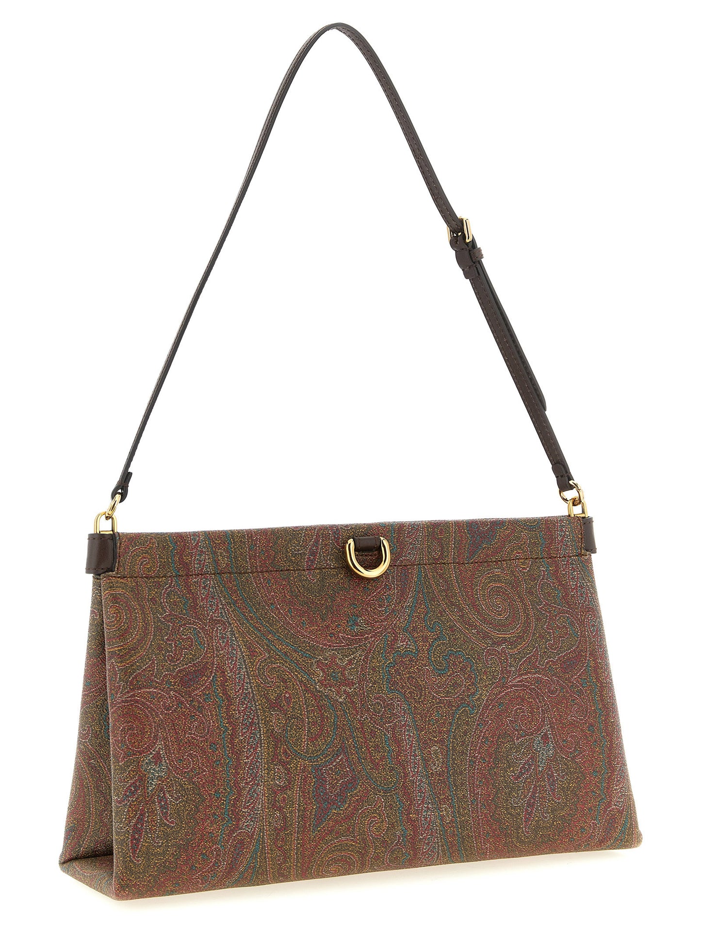 Mini Clutch Handbag by Etro for women in brown, patterned, paisley & jacquard features a sculptural silhouette with a secure magnetic, ample , and versatile adjustable-strap & handle for a sculptural finish.