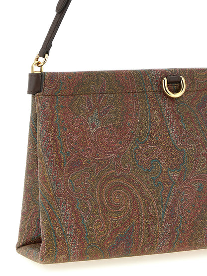 Mini Clutch Handbag by Etro for women in brown, patterned, paisley & jacquard showcases a sculptural silhouette, featuring a secure magnetic, ample , and versatile adjustable-strap & handle for a sculptural finish.