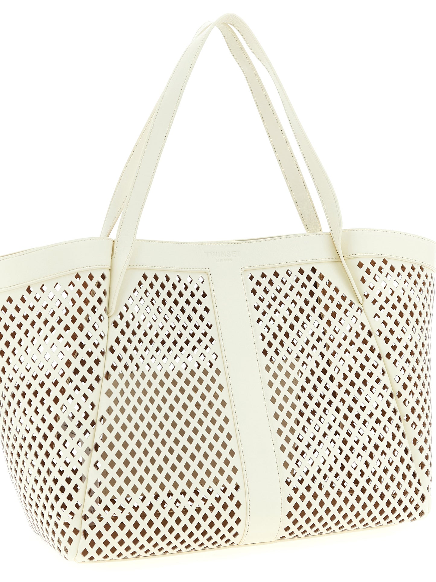 Shopper Tote Bag by Twinset for women in leather white features an sumptuous Crisp Leather Shopper Tote Bag design with a secure magnetic, ample , and versatile handle for an sumptuous finish.