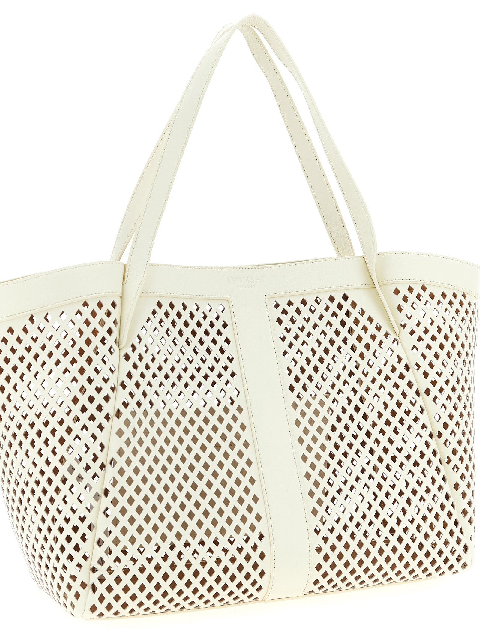 Shopper Tote Bag by Twinset for women in leather white features an sumptuous Crisp Leather Shopper Tote Bag design with a secure magnetic, ample , and versatile handle for an sumptuous finish.