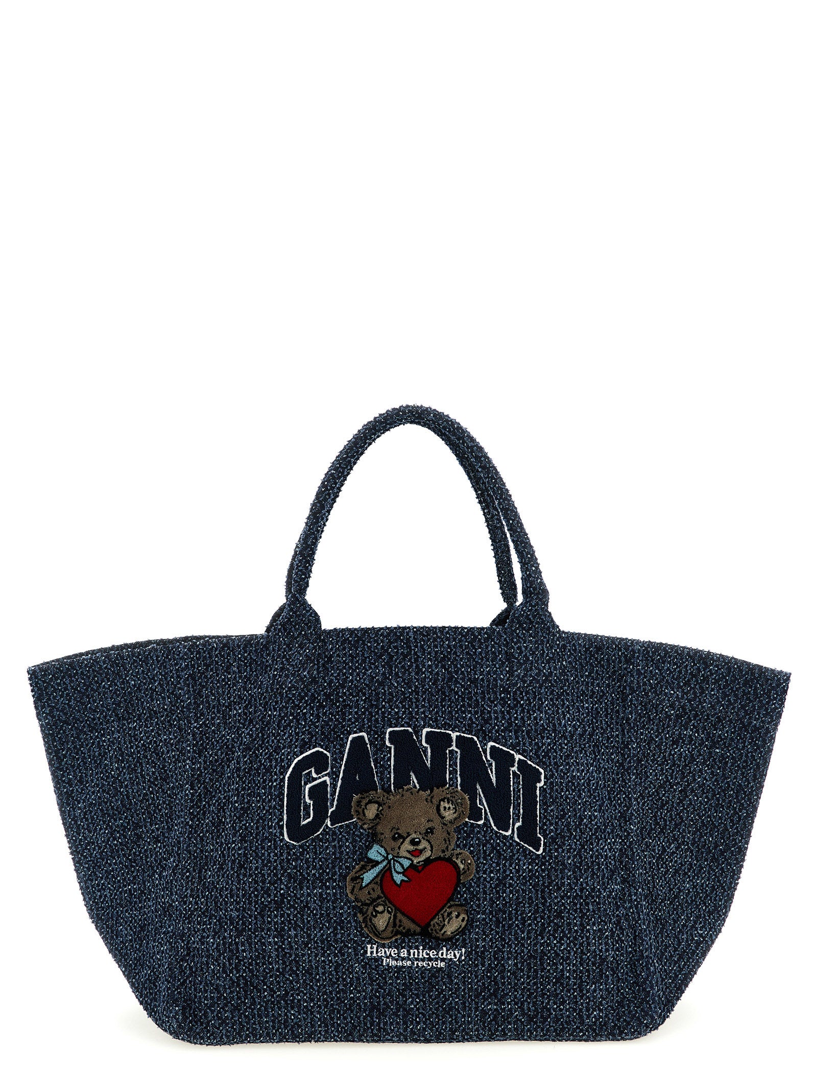 Shopper Tote Bag by Ganni for women in tweed organic cotton denim blue features an utilitarian-chic silhouette, showcasing the Bear Tweed Organic Cotton Denim Shopper Tote Bag design with a secure , ample , and versatile handle.