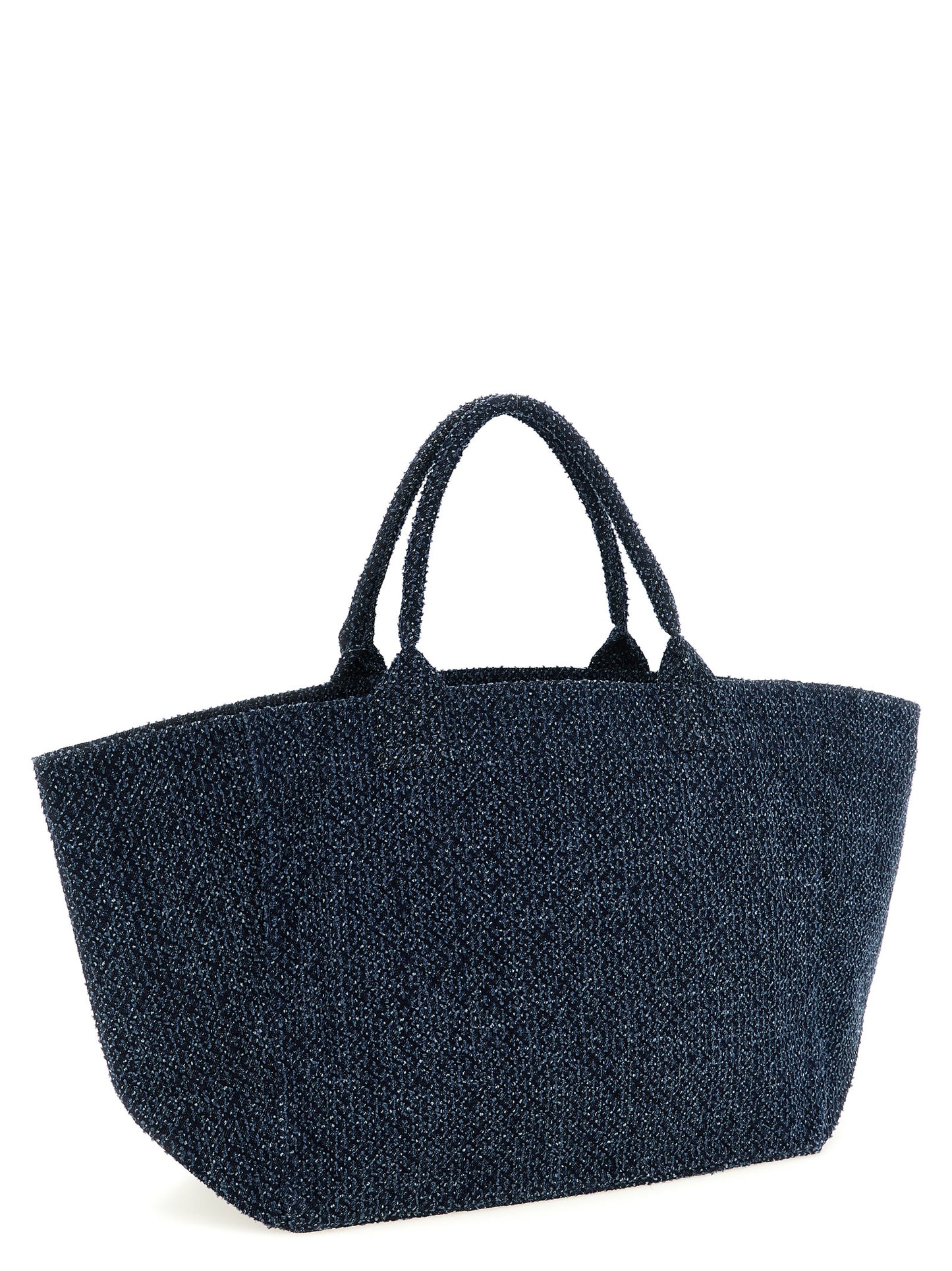 This Shopper Tote Bag by Ganni for women in tweed organic cotton denim blue features an on trend Bear Tweed Organic Cotton Denim Shopper Tote Bag design with a secure , ample , and on trend handle.