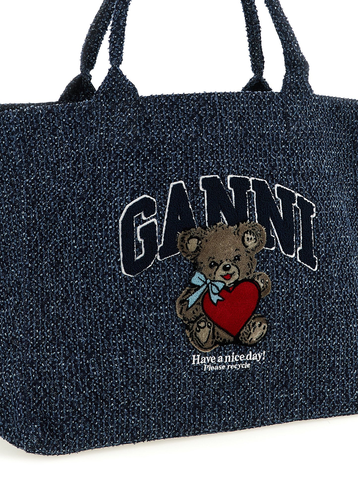 Shopper Tote Bag by Ganni for women in tweed organic cotton denim blue features a distinguished Bear Tweed Organic Cotton Denim Shopper Tote Bag design, complete with a secure , ample , and versatile handle for a distinguished look.