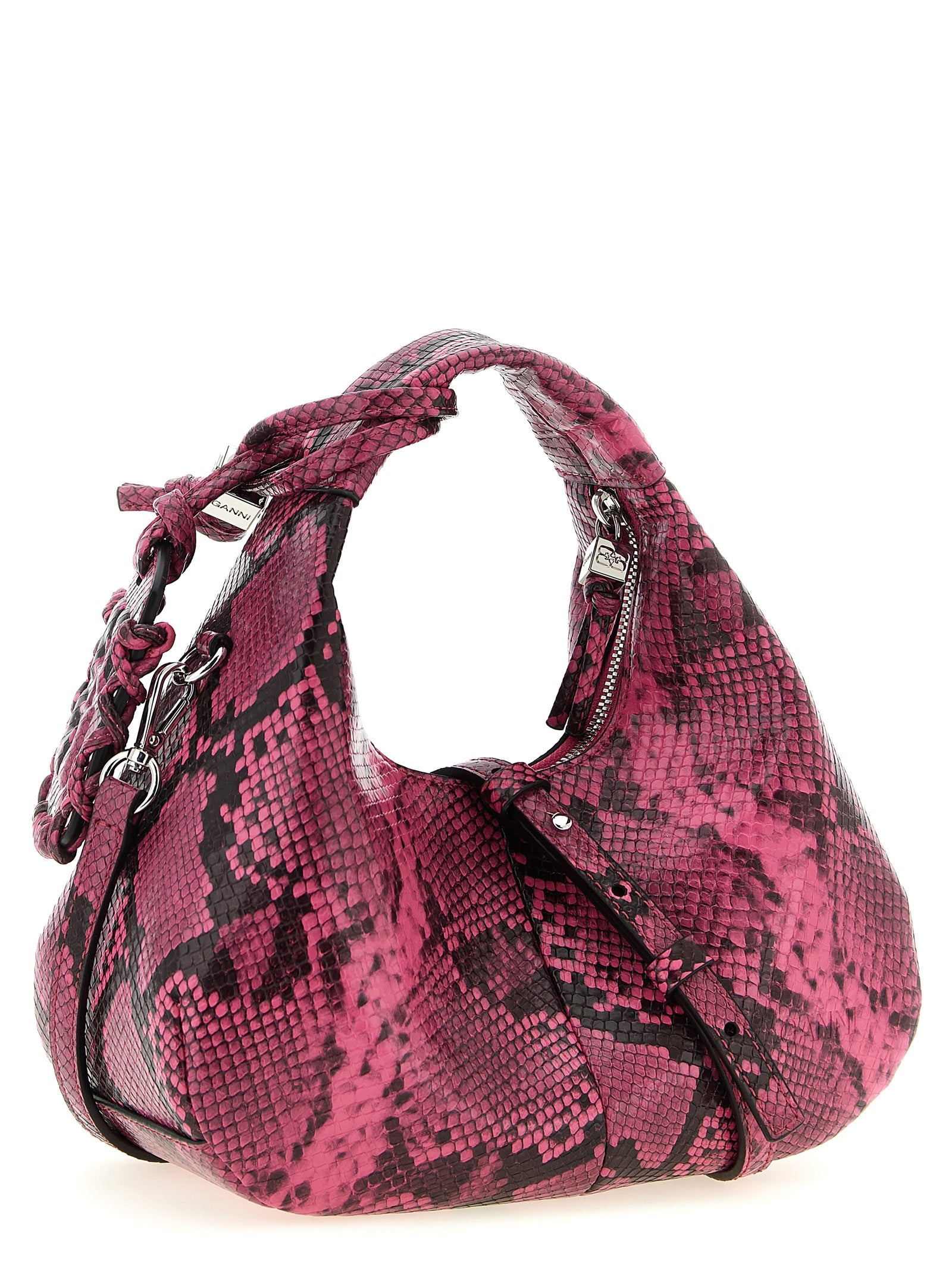 This Mini Hobo Handbag by Ganni for women in pebbled poly leather and fuchsia & print presents a sculptural silhouette featuring a secure zipper, ample , and versatile shoulder-strap, adjustable-strap & handle for a sculptural finish.