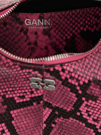 Mini Hobo Handbag by Ganni for women in pebbled poly leather fuchsia & print features a signature silhouette, showcasing a secure zipper and signature with versatile shoulder-strap, adjustable-strap & handle for a sophisticated look.