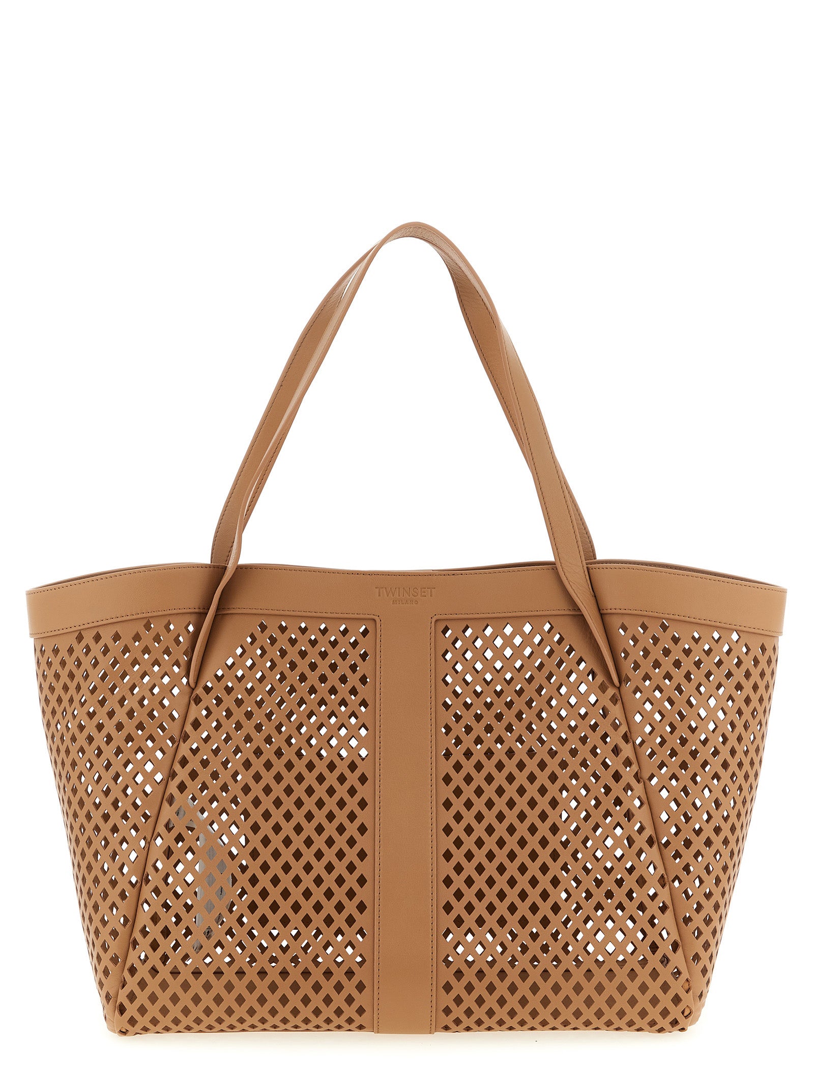 This Shopper Tote Bag by Twinset for women in polyethylene polyurethane leather brown features an on trend Polyethylene Polyurethane Leather Shopper Tote Bag design with a secure magnetic, ample , and on trend handle.