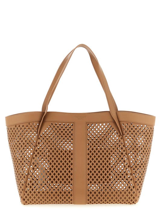 This Shopper Tote Bag by Twinset for women in polyethylene polyurethane leather brown features an on trend Polyethylene Polyurethane Leather Shopper Tote Bag design with a secure magnetic, ample , and on trend handle.