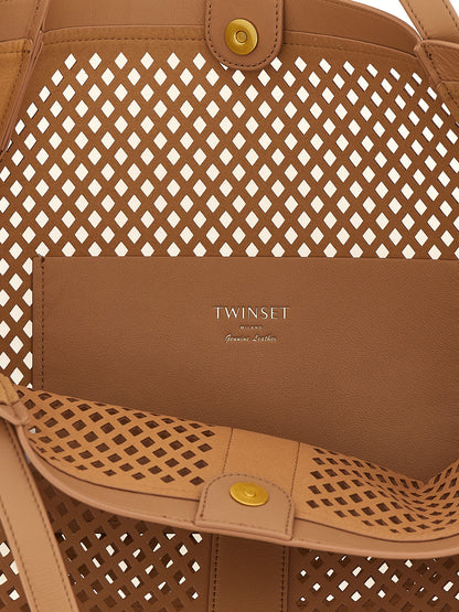 Shopper Tote Bag by Twinset for women in polyethylene polyurethane leather brown features an sumptuous Polyethylene Polyurethane Leather Shopper Tote Bag design with a secure magnetic, ample , and versatile handle for an sumptuous finish.
