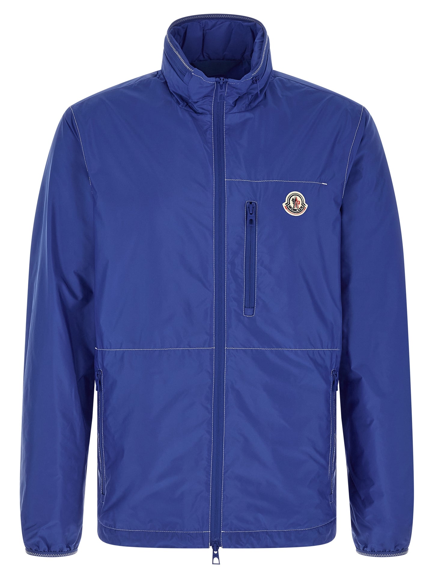 Hooded Windbreaker Jacket by Moncler for men in nylon felt blue & signature features an magnificent silhouette, showcasing the sophisticated hooded neckline and functional pockets, hooded & windproof for a premium, magnificent look.