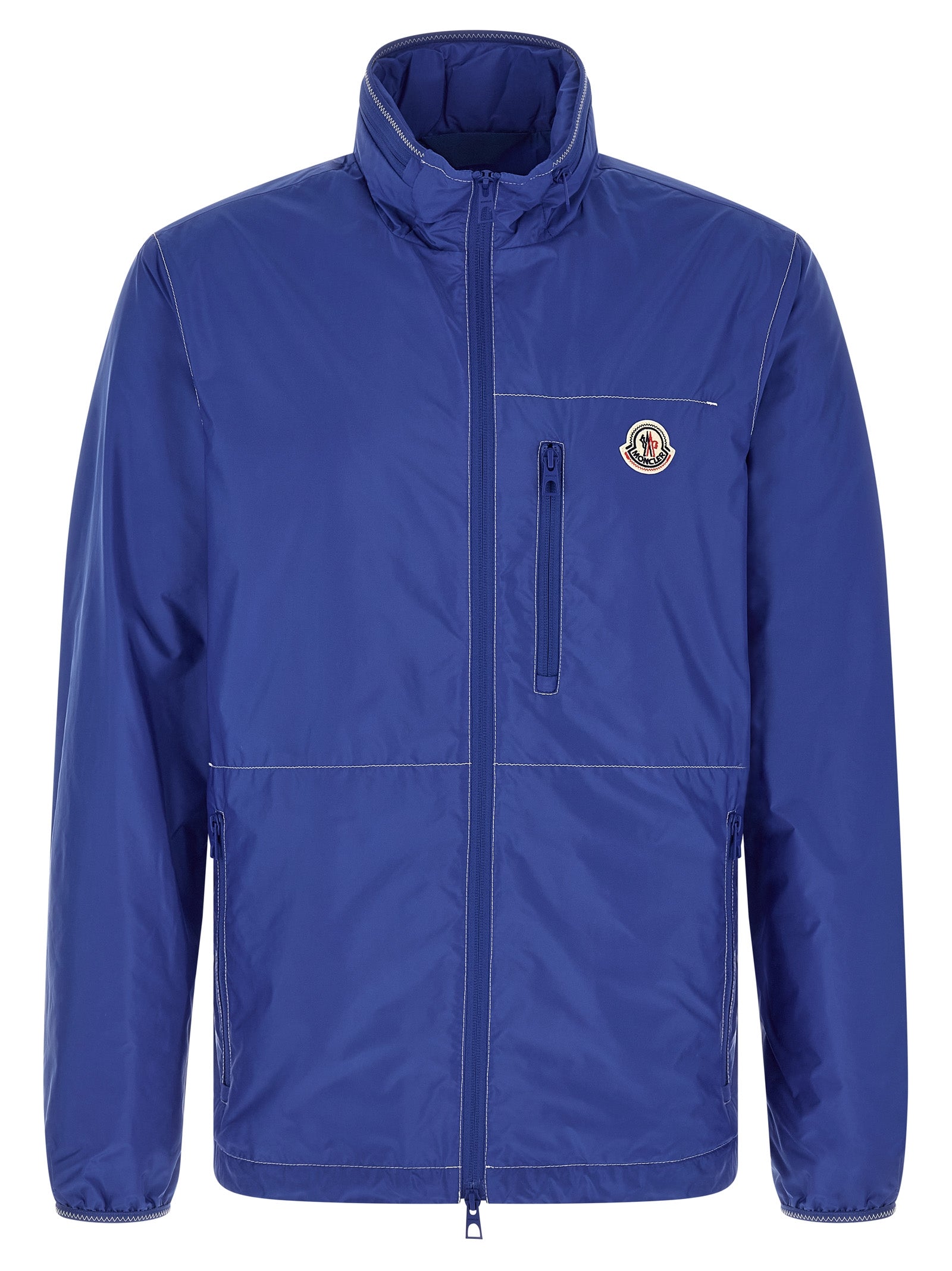 Hooded Windbreaker Jacket by Moncler for men in nylon felt blue & signature features an magnificent silhouette, showcasing the sophisticated hooded neckline and functional pockets, hooded & windproof for a premium, magnificent look.