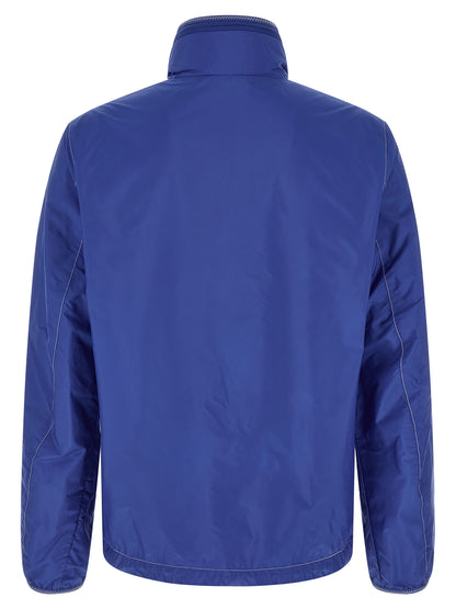 Hooded Windbreaker Jacket by Moncler for men in nylon felt blue & signature features an stylish silhouette, showcasing a sophisticated hooded neckline and performance-driven pockets, hooded & windproof for a premium, stylish look.