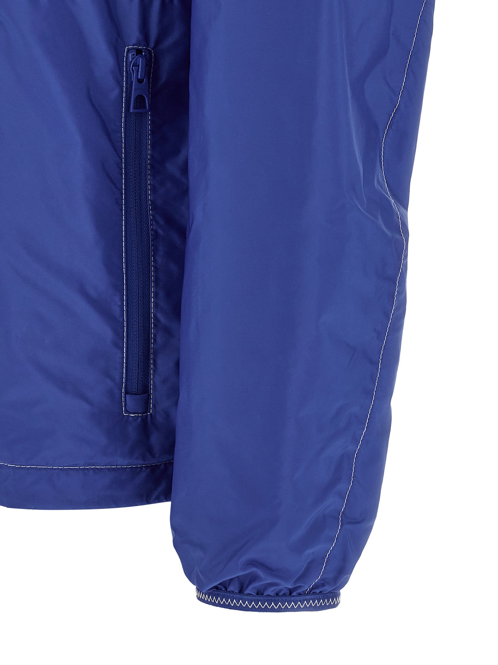 Hooded Windbreaker Jacket by Moncler for men in nylon felt blue & signature features an enduring silhouette, showcasing technical pockets, hooded & windproof and a sophisticated for a truly enduring aesthetic.