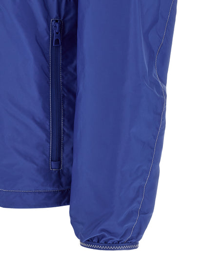 Hooded Windbreaker Jacket by Moncler for men in nylon felt blue & signature features an enduring silhouette, showcasing technical pockets, hooded & windproof and a sophisticated for a truly enduring aesthetic.