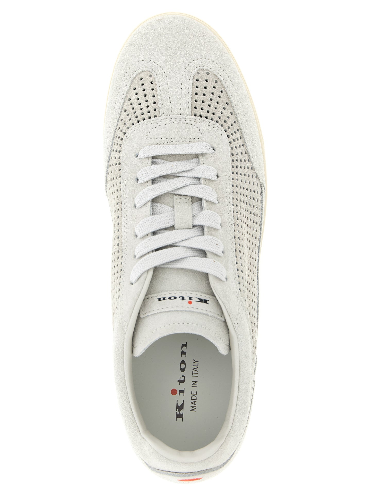 Sneakers by Kiton for men in suede calfskin leather gray presents a impeccable silhouette as Men's Low Top Suede Calfskin Leather Sneakers, expertly defined by a impeccable low-top style for a impeccable, high-fashion look.