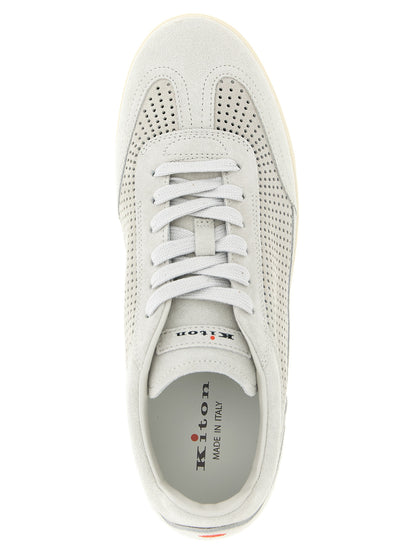 Sneakers by Kiton for men in suede calfskin leather gray presents a impeccable silhouette as Men's Low Top Suede Calfskin Leather Sneakers, expertly defined by a impeccable low-top style for a impeccable, high-fashion look.