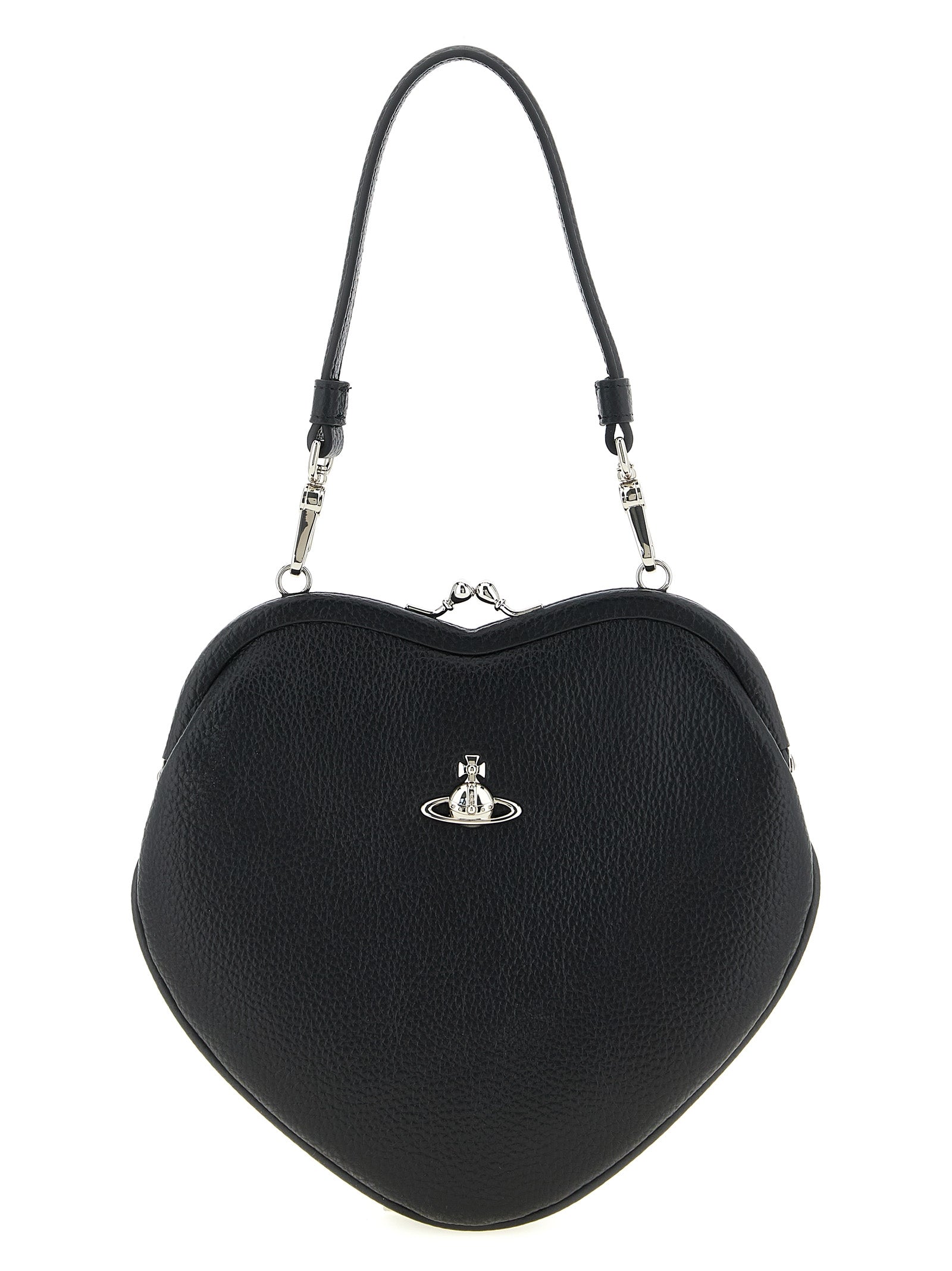Frame Handbag by Vivienne Westwood for women in polyurethane leather black & signature features a ornamental silhouette, showcasing a secure snap, ample , and ornamental shoulder-strap & handle for a sophisticated look.