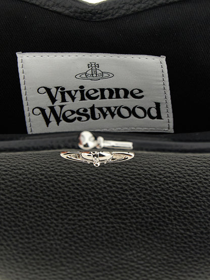 Frame Handbag by Vivienne Westwood for women in polyurethane leather black & signature features a signature silhouette, showcasing a secure snap and signature with versatile shoulder-strap & handle for a sophisticated look.