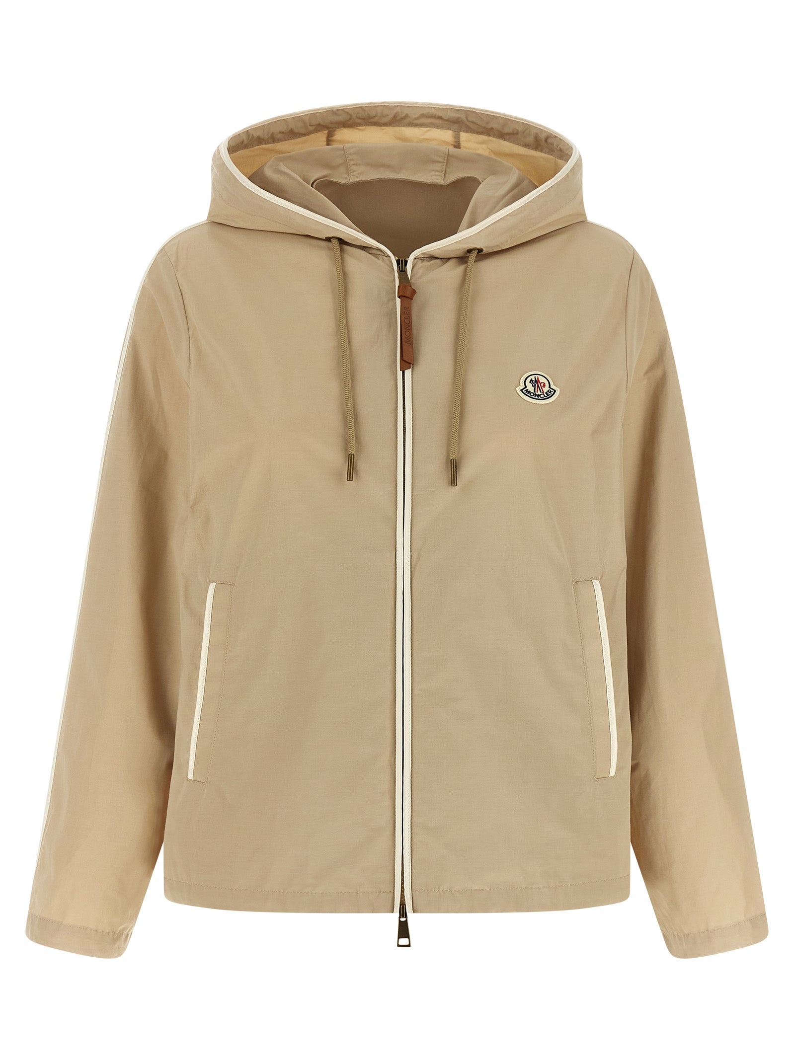 Hooded Windbreaker Jacket by Moncler for women in cotton polyester beige & signature features an stylish silhouette, showcasing a sophisticated hooded neckline and performance-driven pockets, hooded & windproof for a premium, stylish look.
