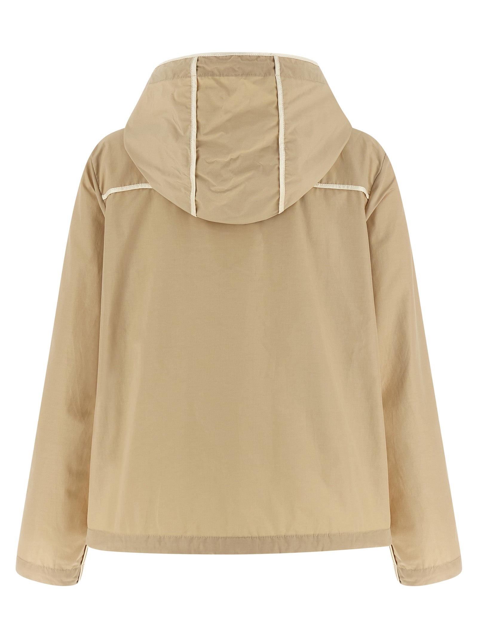 Hooded Windbreaker Jacket by Moncler for women in cotton polyester beige & signature showcases a urban chic silhouette, detailed with a urban chic hooded neckline and functional pockets, hooded & windproof for a polished finish.