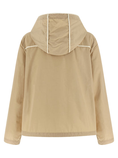 Hooded Windbreaker Jacket by Moncler for women in cotton polyester beige & signature showcases a urban chic silhouette, detailed with a urban chic hooded neckline and functional pockets, hooded & windproof for a polished finish.
