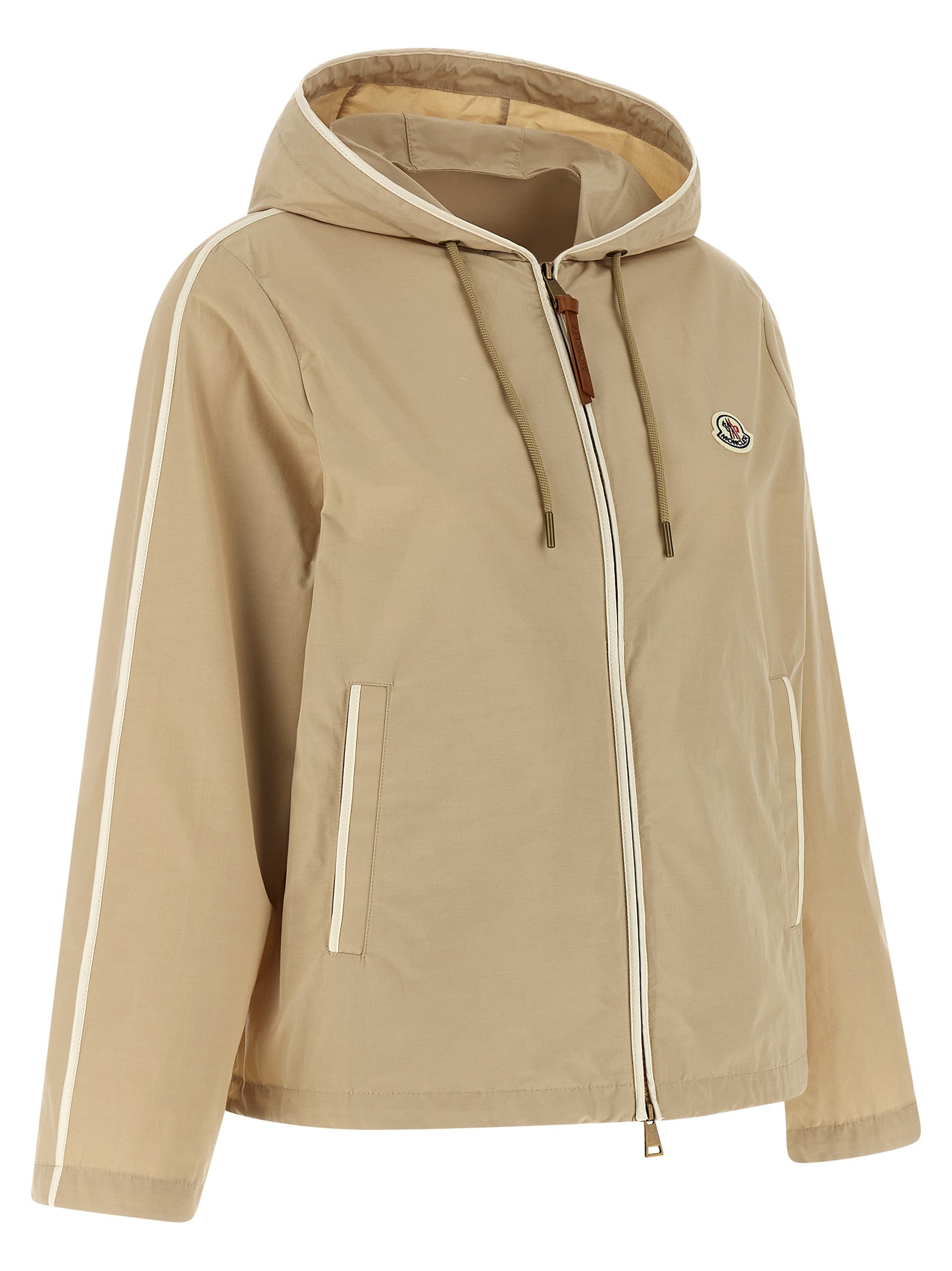 Hooded Windbreaker Jacket by Moncler for women in cotton polyester beige & signature showcases a modern silhouette, integrating pockets, hooded & windproof and a modern hooded neckline for a sophisticated finish.