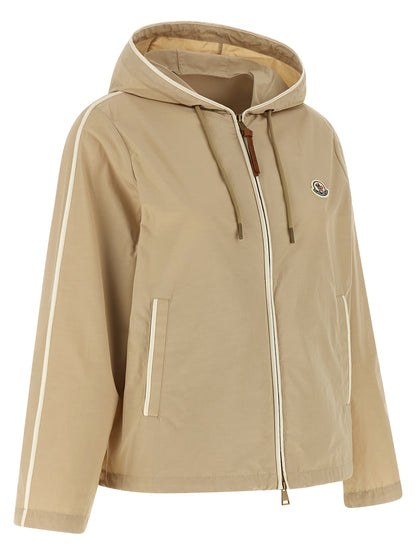 Hooded Windbreaker Jacket by Moncler for women in cotton polyester beige & signature showcases a modern silhouette, integrating pockets, hooded & windproof and a modern hooded neckline for a sophisticated finish.