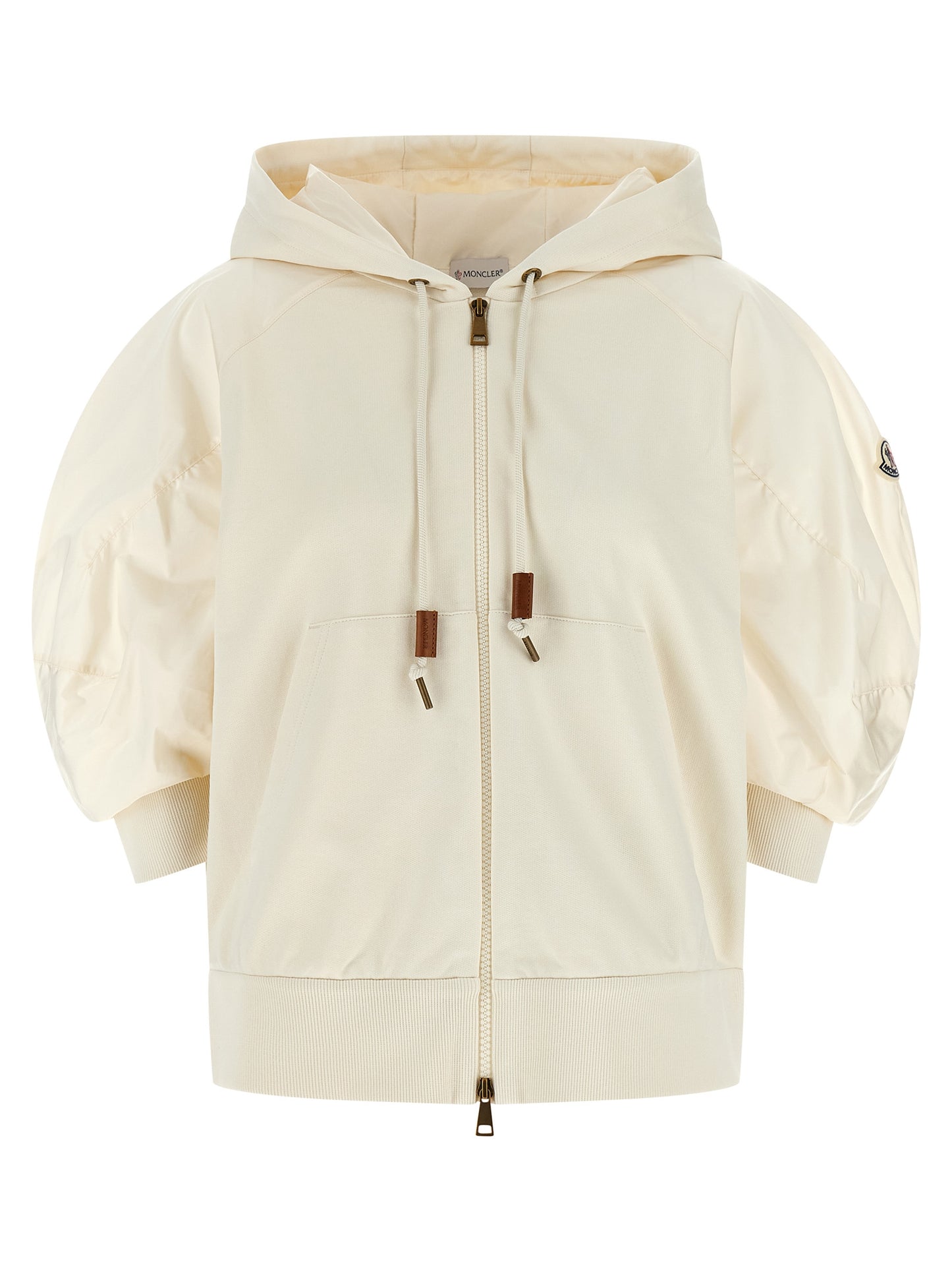 Sweatshirt Hoodie by Moncler for women in nylon cotton white features an dramatic silhouette, showcasing a sophisticated hooded neckline and dramatic three-quarter-sleeve for a refined, modern aesthetic.