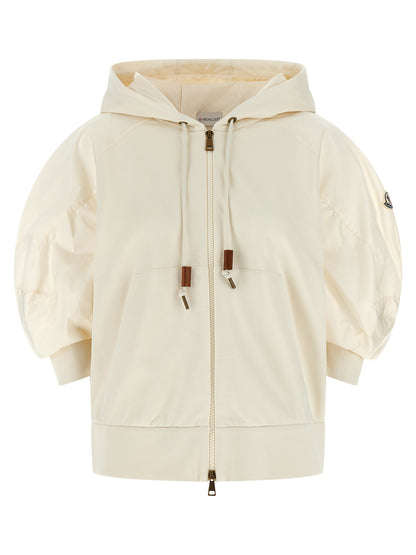 Sweatshirt Hoodie by Moncler for women in nylon cotton white features an dramatic silhouette, showcasing a sophisticated hooded neckline and dramatic three-quarter-sleeve for a refined, modern aesthetic.