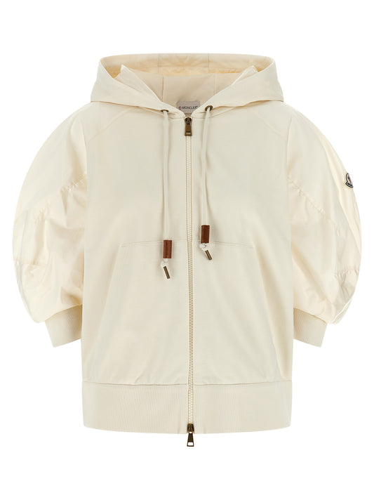 Sweatshirt Hoodie by Moncler for women in nylon cotton white features an dramatic silhouette, showcasing a sophisticated hooded neckline and dramatic three-quarter-sleeve for a refined, modern aesthetic.