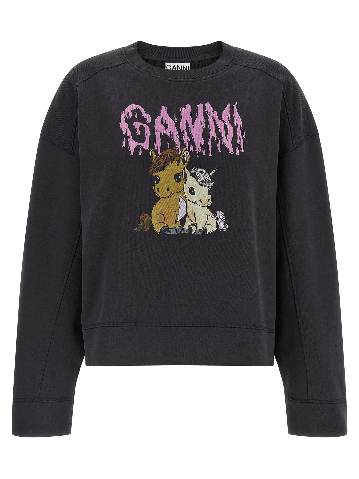 Activewear Sweatshirt by Ganni for women in organic cotton black & print showcases a versatile silhouette, artfully detailed with a versatile crew neckline and for a versatile finish with .