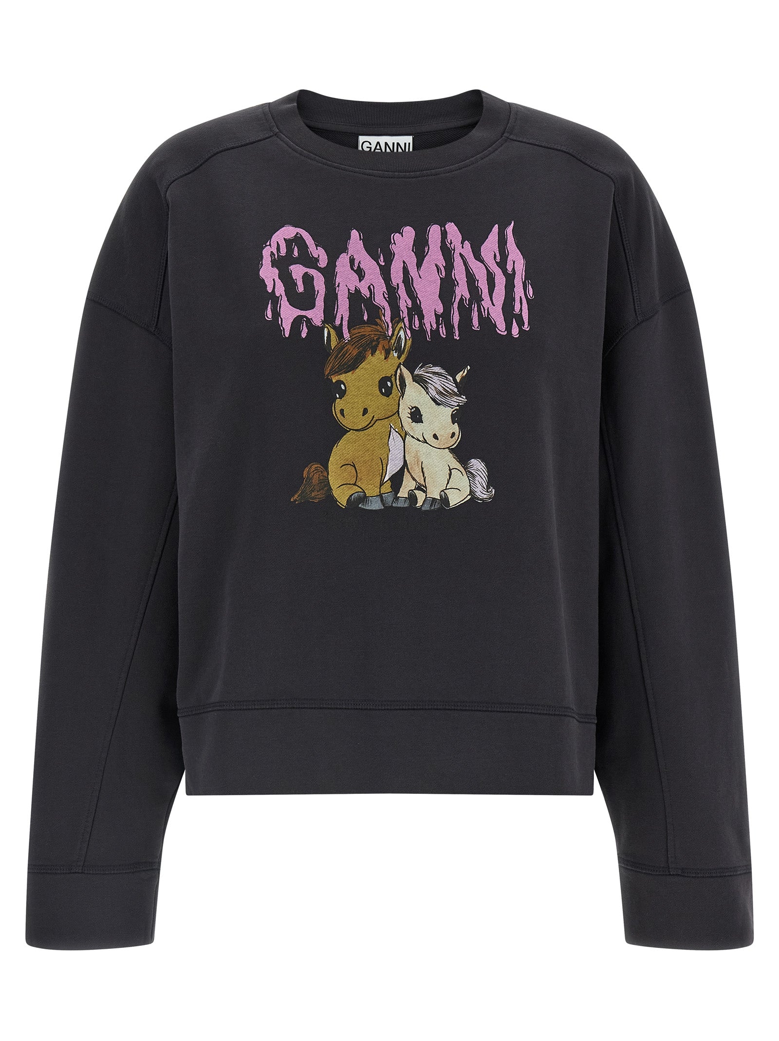Activewear Sweatshirt by Ganni for women in organic cotton black & print showcases a versatile silhouette, artfully detailed with a versatile crew neckline and for a versatile finish with .
