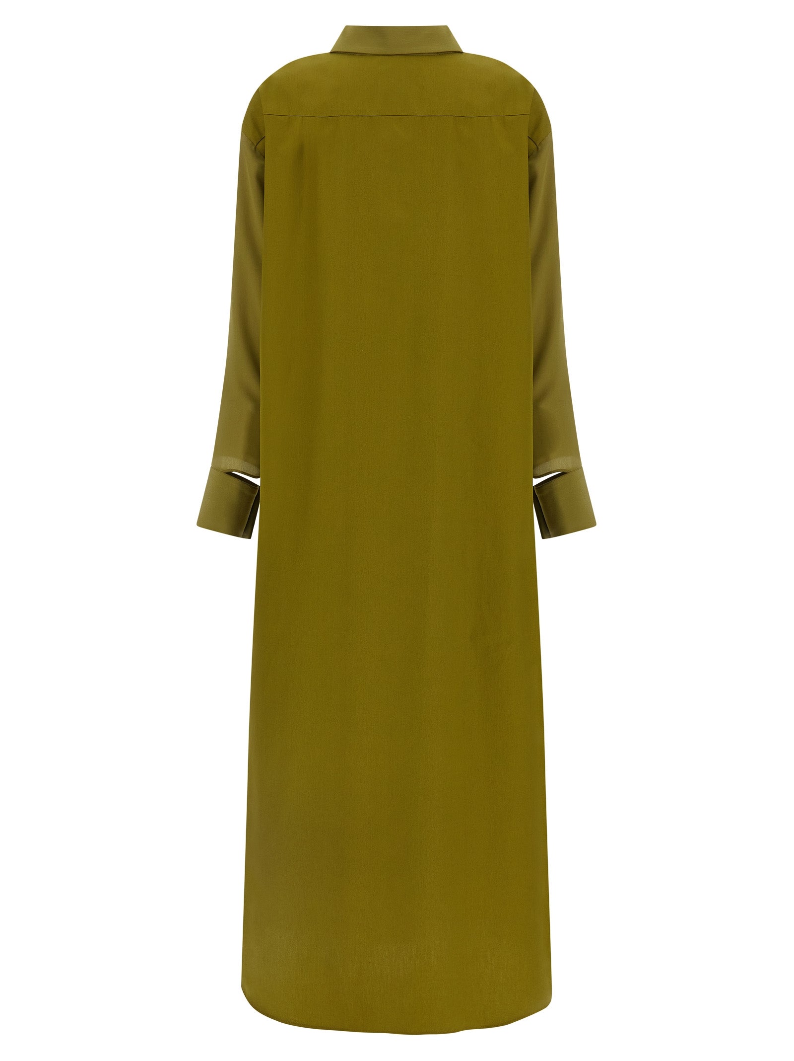 Dress by MAISON JEJIA for women in silk bicolour & green presents a sinuous silhouette, showcasing a sophisticated shirt-collar neckline and detailed with a sinuous long for a refined finish.