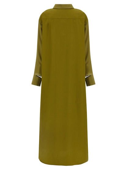 Dress by MAISON JEJIA for women in silk bicolour & green presents a sinuous silhouette, showcasing a sophisticated shirt-collar neckline and detailed with a sinuous long for a refined finish.