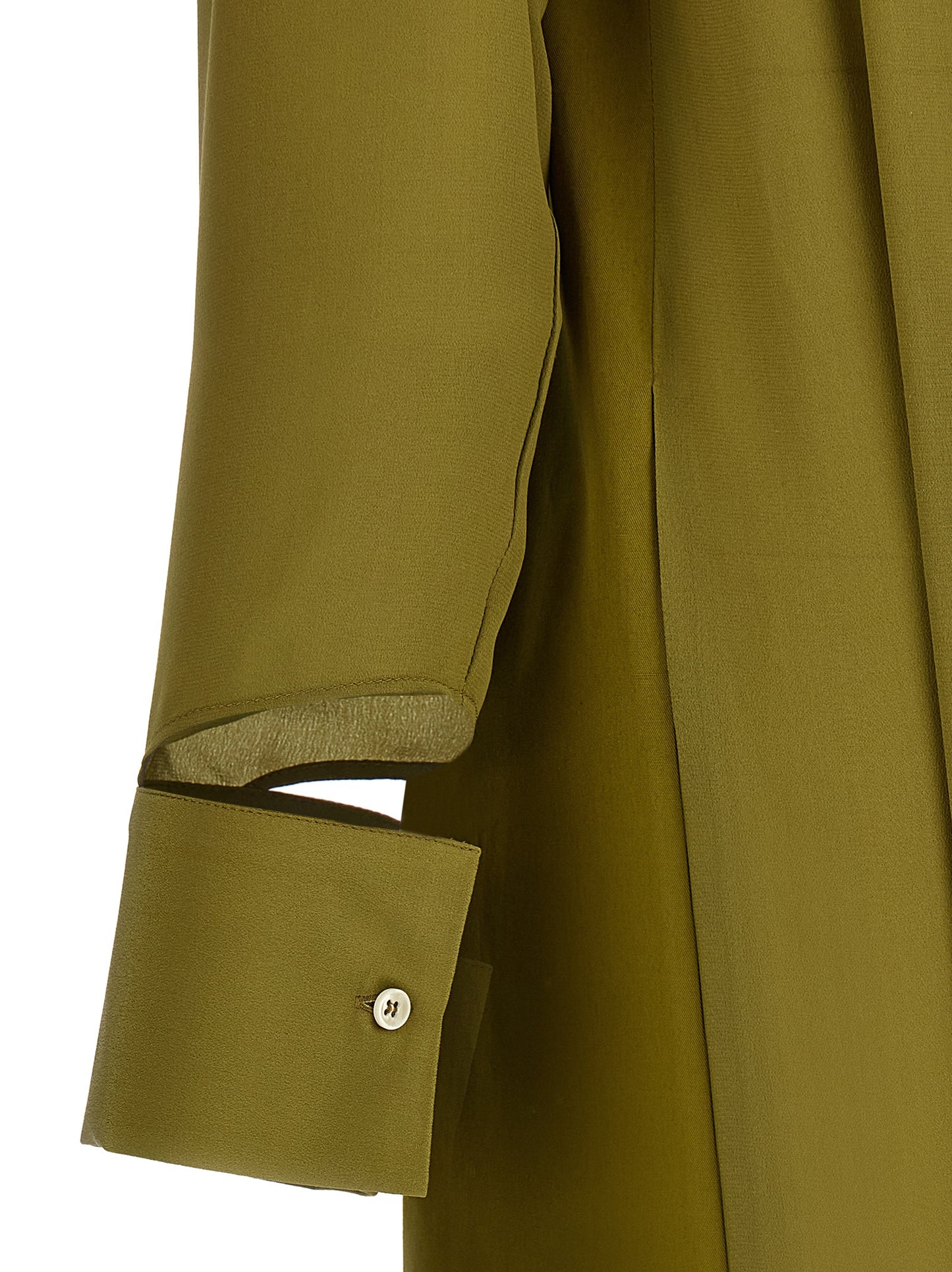 Dress by MAISON JEJIA for women in silk bicolour & green features a dramatic silhouette, showcasing an elegant shirt-collar neckline and that flows into a dramatic long.