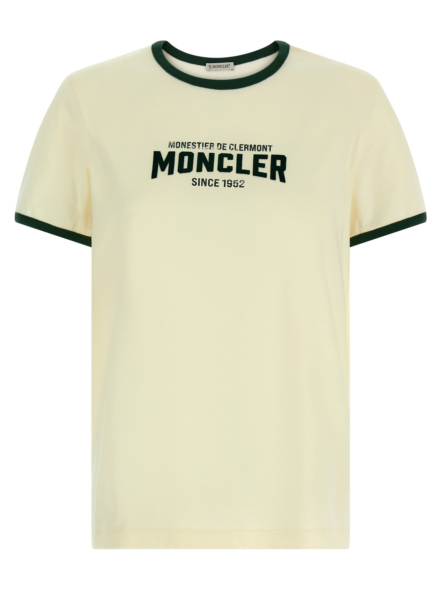 T-Shirt by Moncler for women in cotton beige & print showcases a chic silhouette, artfully detailed with a chic crew neckline and short-sleeve for a chic finish.