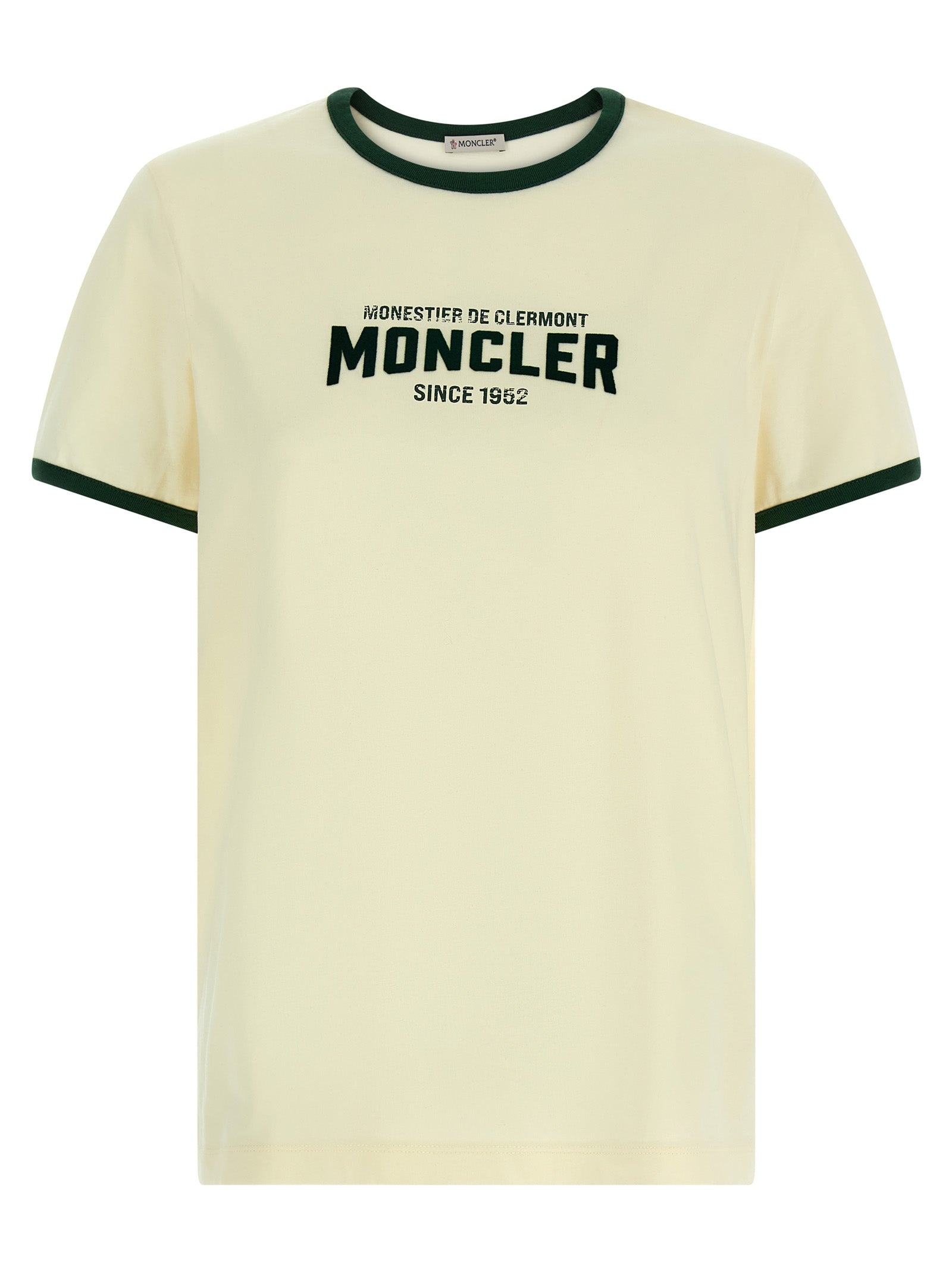 T-Shirt by Moncler for women in cotton beige & print showcases a chic silhouette, artfully detailed with a chic crew neckline and short-sleeve for a chic finish.