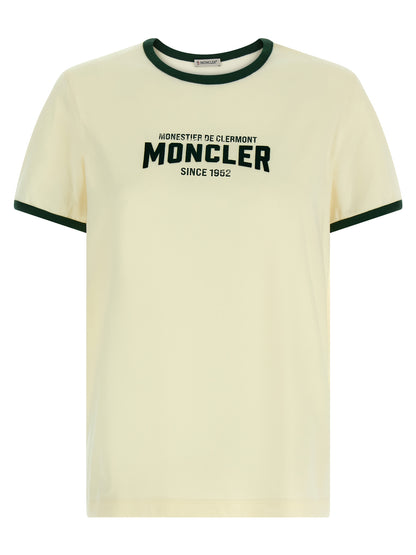 T-Shirt by Moncler for women in cotton beige & print showcases a chic silhouette, artfully detailed with a chic crew neckline and short-sleeve for a chic finish.