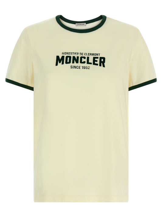 T-Shirt by Moncler for women in cotton beige & print showcases a chic silhouette, artfully detailed with a chic crew neckline and short-sleeve for a chic finish.