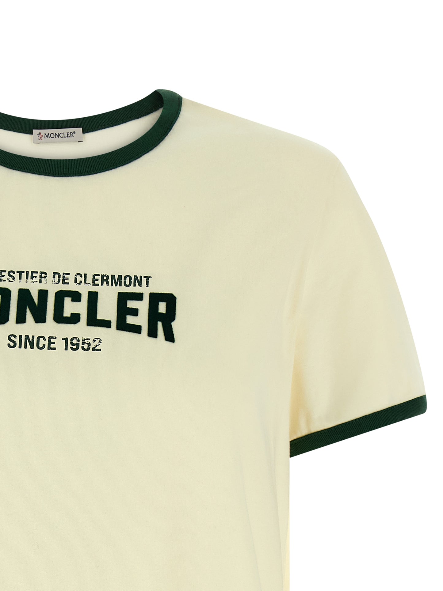 T-Shirt by Moncler for women in cotton beige & print showcases a dramatic silhouette, elegantly detailed with a dramatic crew neckline and for a truly dramatic finish.