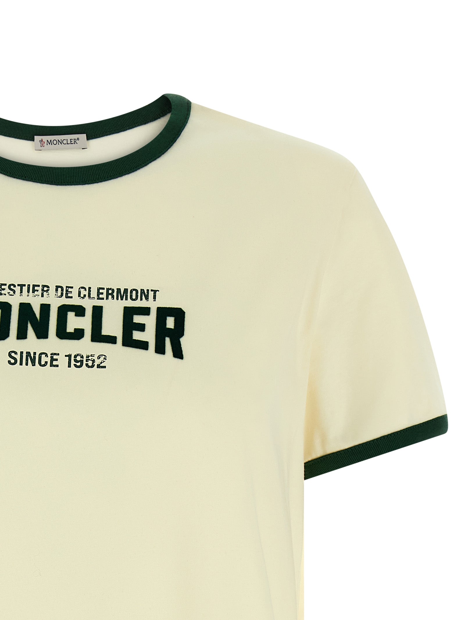 T-Shirt by Moncler for women in cotton beige & print showcases a dramatic silhouette, elegantly detailed with a dramatic crew neckline and for a truly dramatic finish.