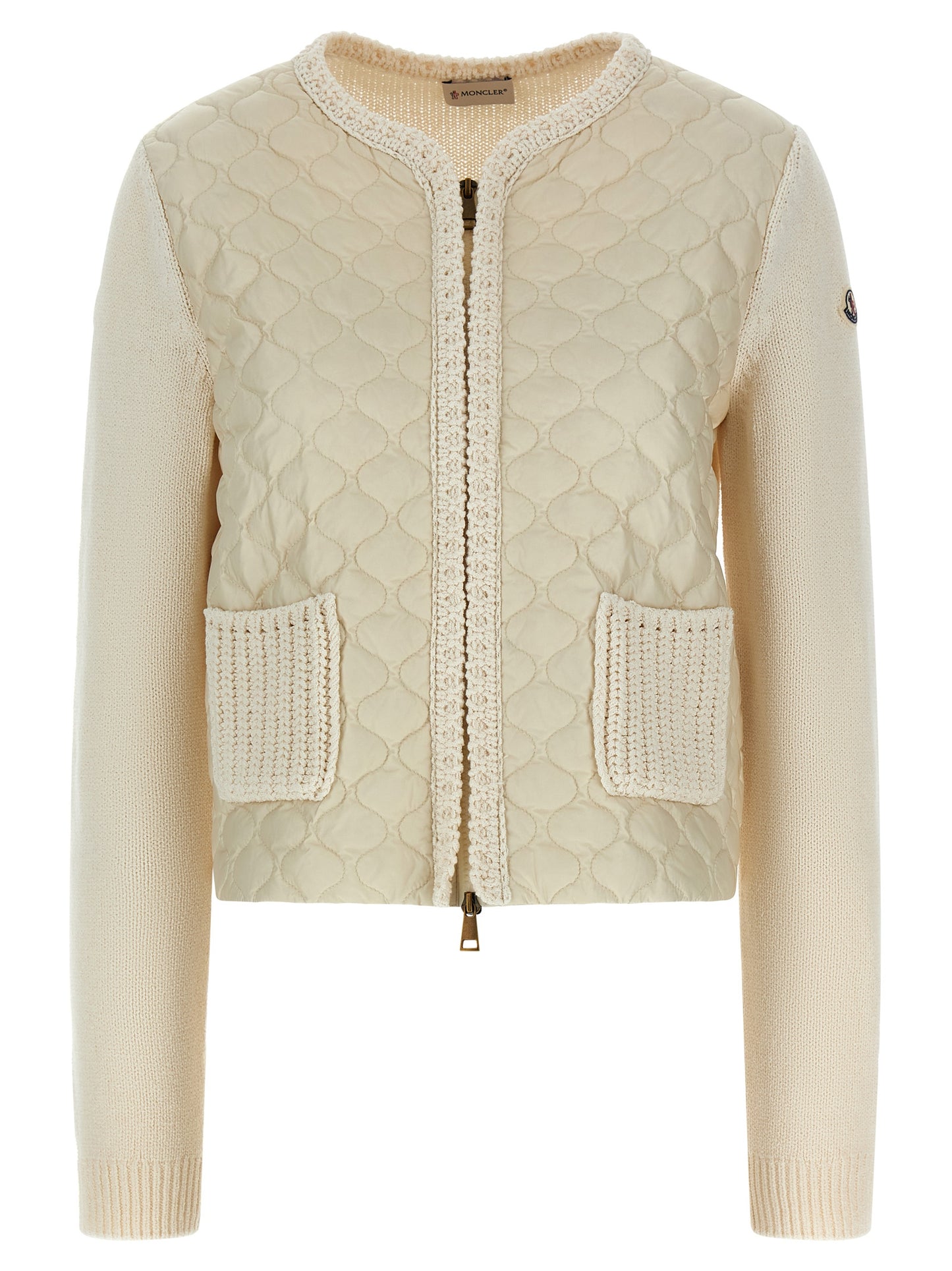 Cardigan by Moncler for women in polyamide cotton felt beige features a nuanced silhouette with a refined crew neckline and nuanced detailing for a sophisticated look.