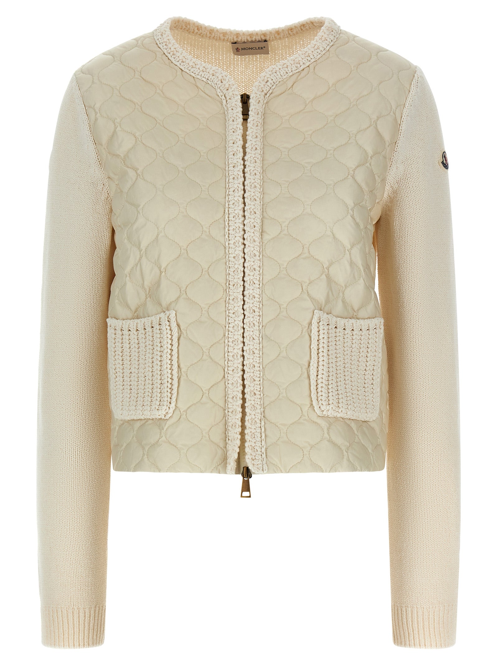 Cardigan by Moncler for women in polyamide cotton felt beige features a nuanced silhouette with a refined crew neckline and nuanced detailing for a sophisticated look.