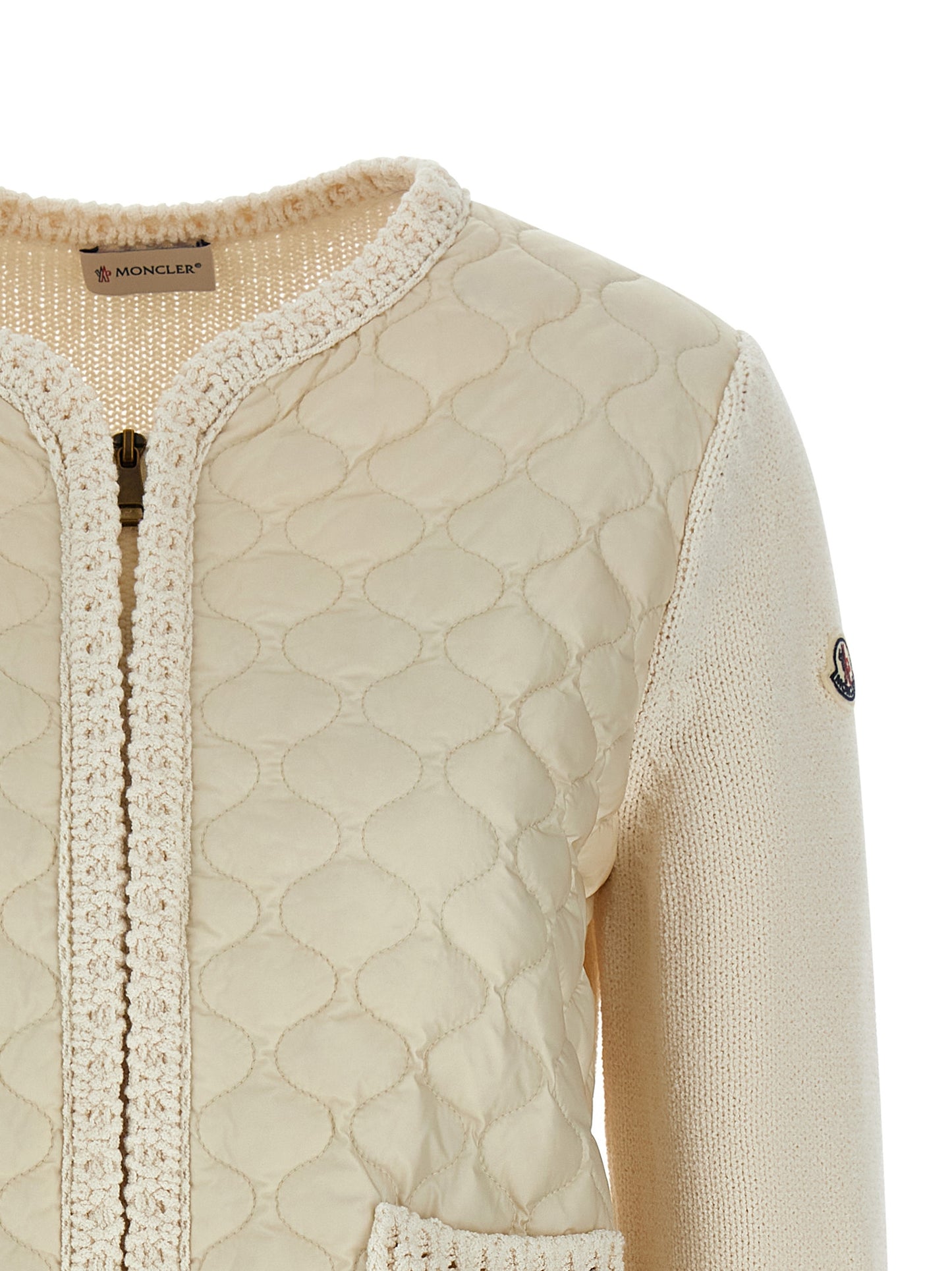Cardigan by Moncler for women in polyamide cotton felt beige features a nuanced silhouette with a refined crew neckline and nuanced detailing for a sophisticated look.